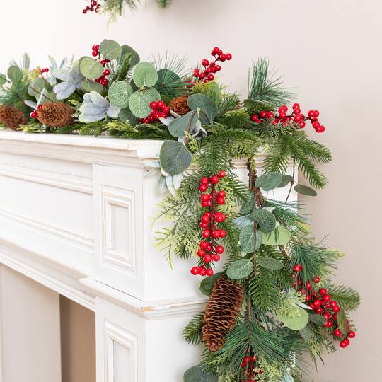 Glitzhome® 6ft. Christmas Berry & Pinecone Eucalyptus Garland, Set of 2